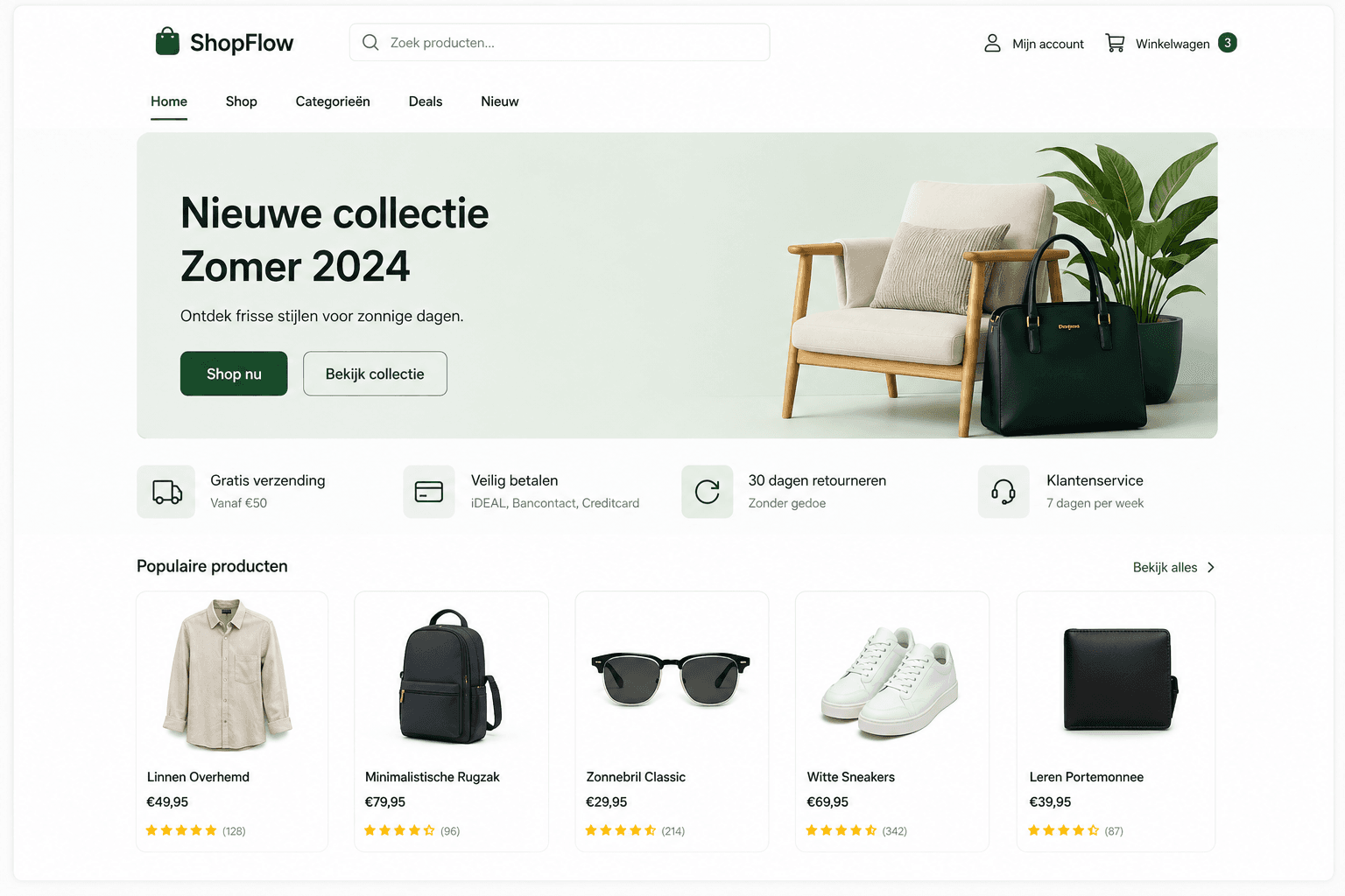ShopFlow e-commerce webshop interface met productoverzicht, winkelwagen en checkout